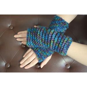 Crochet Fingerless Mitts Gloves Arm Warmers Blue